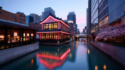 Naklejka premium Pink Illuminated Building Reflecting in City Canal at Dusk