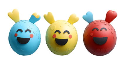 Cute cartoon ball characters with bright smiles, transparent background PNG