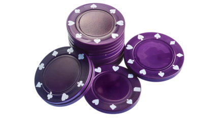 Purple playing chips spinning isolated on transparent background, detailed photo, png 