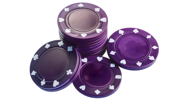Purple playing chips spinning isolated on transparent background, detailed photo, png  - Powered by Adobe