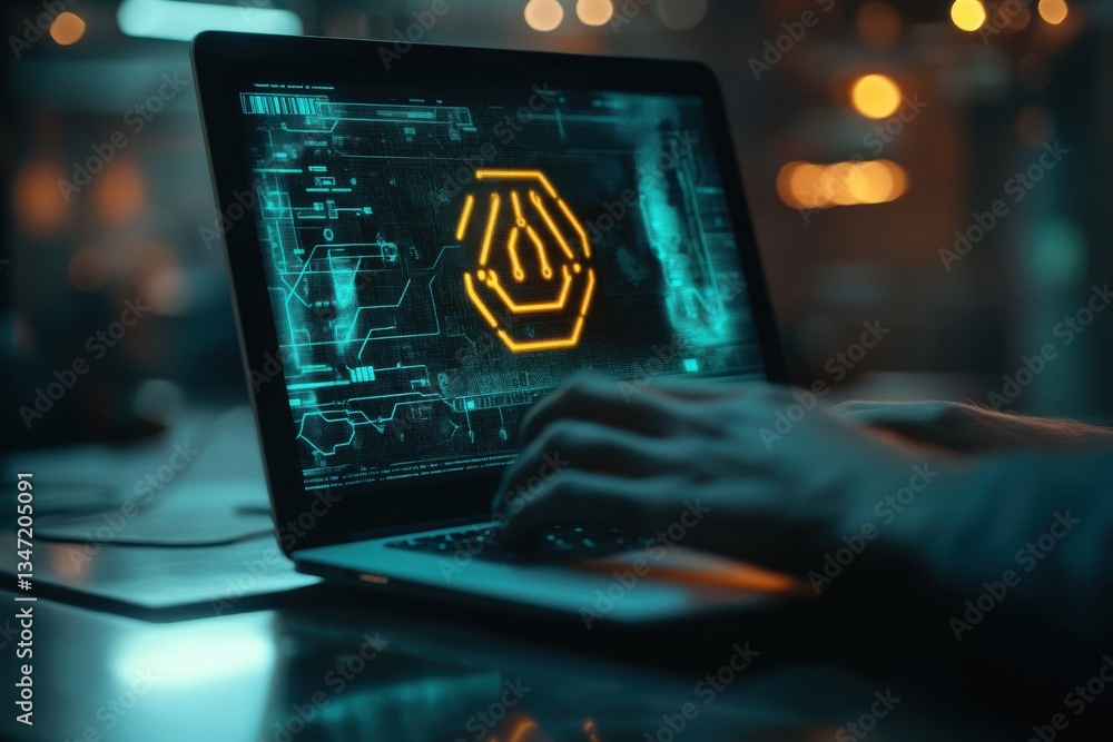 Poster a close up of hands typing on a laptop keyboard with orange particles floating around the screen are