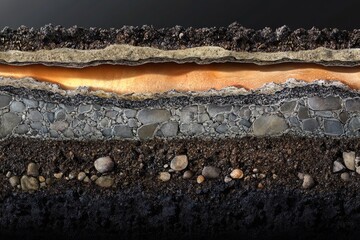 Cross-section view of asphalt road layers, showcasing base, binder, and sub-base materials.