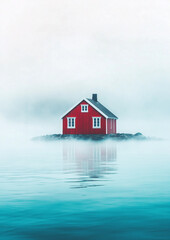 solitary red house on a norwegian island, fjord, minimalist landscape for travel and nature-themed designs