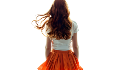 Rearward image of a miss with long appealing hair in an orange skirt isolated on transparent background, detailed photo, png 