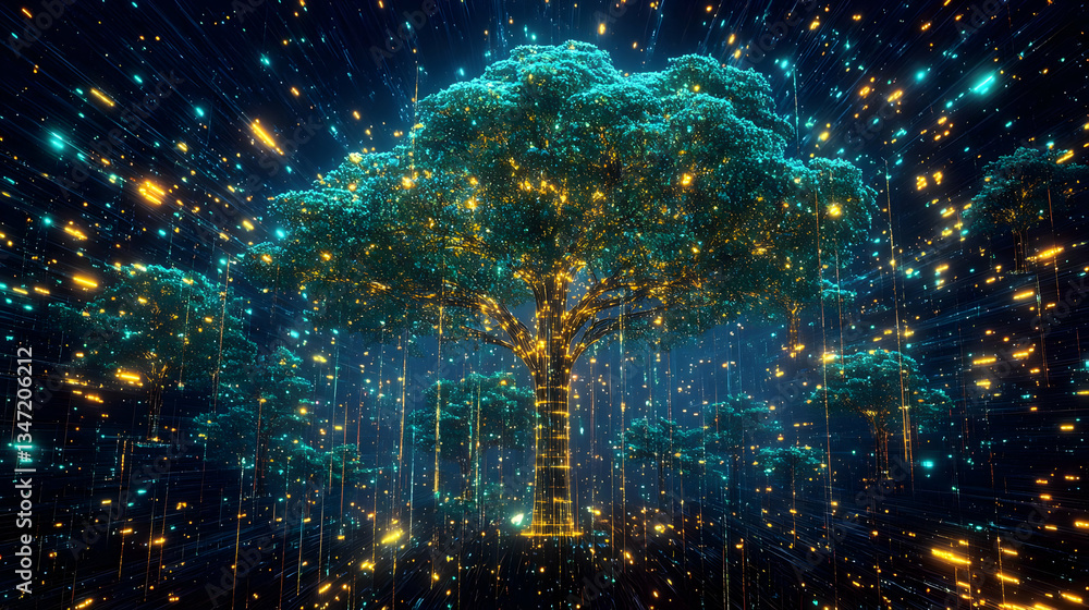 Poster digital tree of life illuminated with glowing particles against dark blue backdrop depicting technol