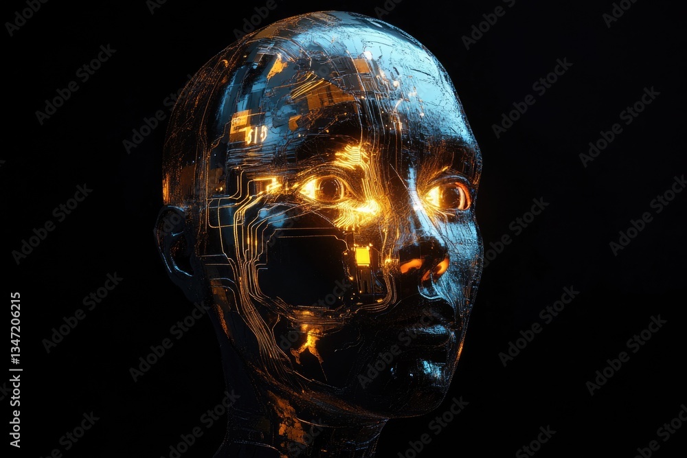 Poster a futuristic robotic head with glowing circuits, showcasing advanced ai technology.