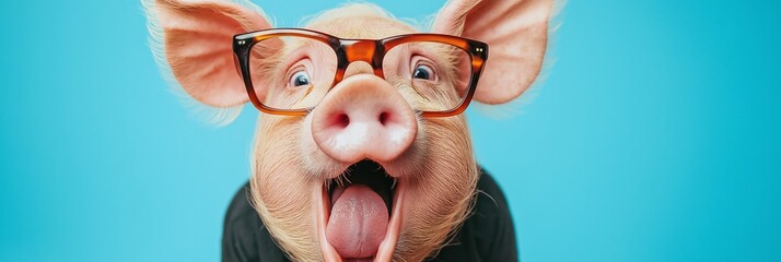 A playful pig with glasses shows off its cheerful expression in front of a blue backdrop.