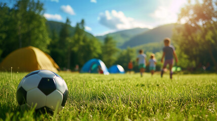 Children playing soccer near tents in a green camping area