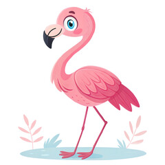 Cute Cartoon Flamingo Standing in a Pond transparent background