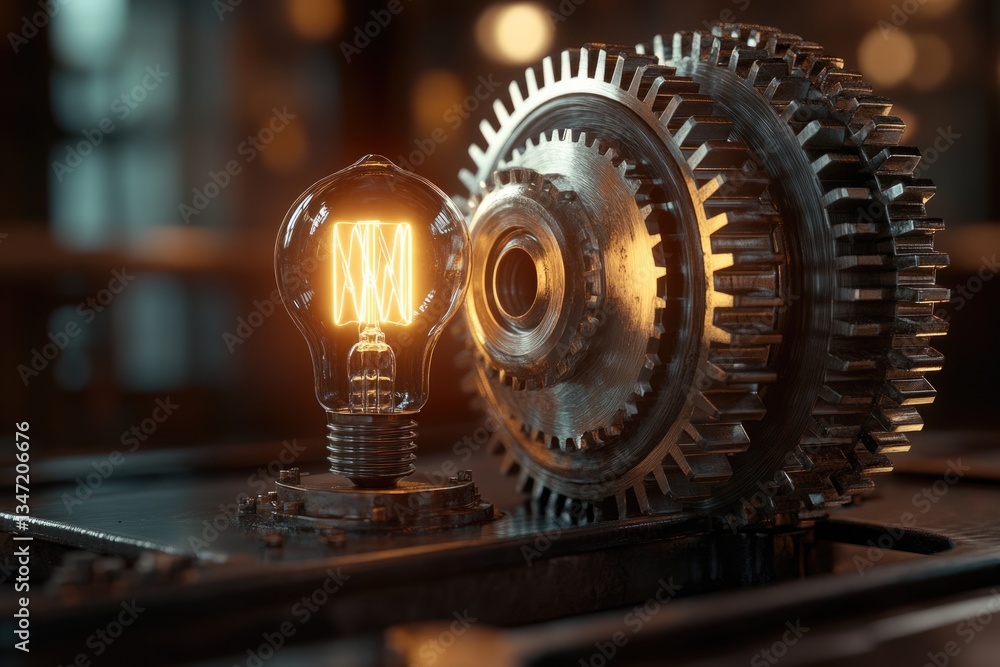 Poster illuminated idea: a glowing lightbulb juxtaposed with intricate gears, symbolizing innovation and me