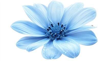 Fototapeta premium Light Blue Flower with Water Droplets on White Background