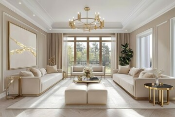 Chic beige furniture harmonizes with gold accents for an elegant touch.