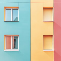 Fototapeta premium A bright and pastel colored building facade featuring contrasting windows, showcasing modern architecture.