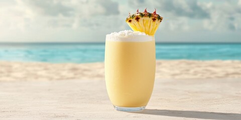 Refreshing Pineapple Cocktail with Whipped Cream on Tropical Beach, Paradise Vacation Drink