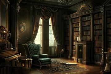 A vintage library room filled with classic decor and charm.