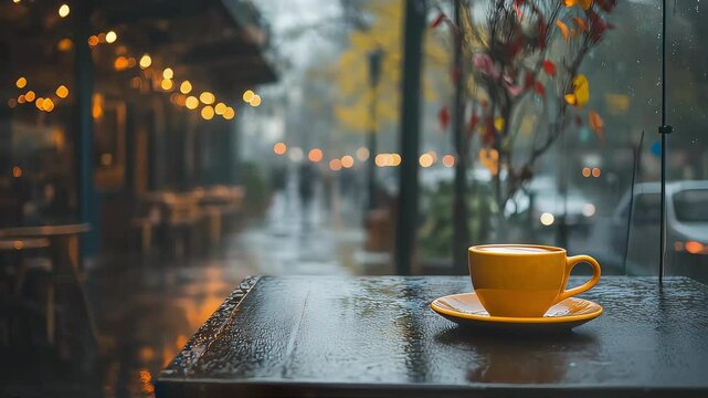 A cozy yellow cup of coffee on a rainy day, evoking warmth amidst the dreary weather.