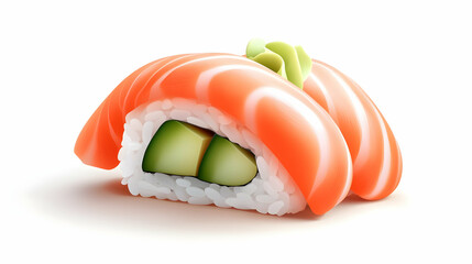 Close Up Of Salmon Sushi Roll With Avocado On White Background