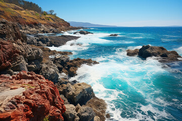 Obraz premium scene depicts forceful collision of ocean waves against a rugged shoreline, showcasing contrasting strength of sea and unwavering stability of land