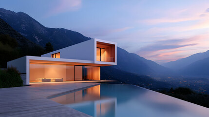 Modern House with Infinity Pool and Mountain View at Sunset