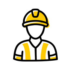 Construction worker icon with yellow hard hat and striped shirt 