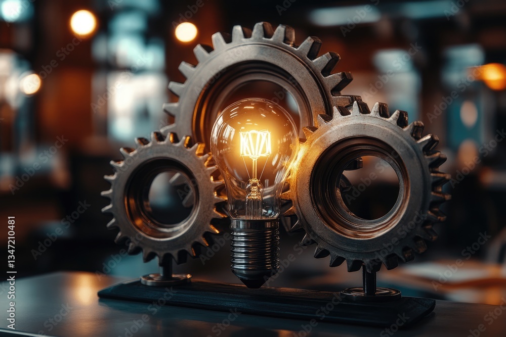 Poster illuminated idea represented by a glowing lightbulb nestled within interconnected gears, symbolizing