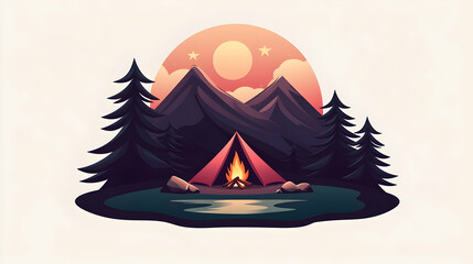 Pixel Art Camping Scene: Red Tent by Campfire at Sunset in Mountains