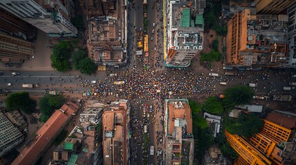 Urban Protest: Aerial City Intersection.