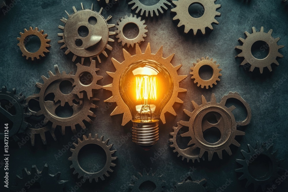 Poster illuminating ideas through interconnected gears, symbolizing innovation and creative problem-solving