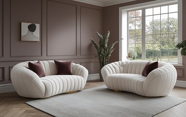 Elegant cream velvet sofas in living room.