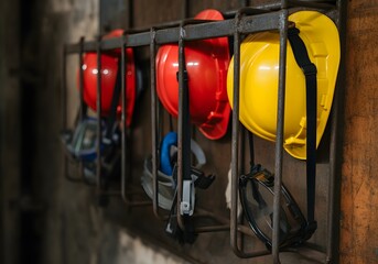 Hard hats and safety goggles hanging on a metal rack.