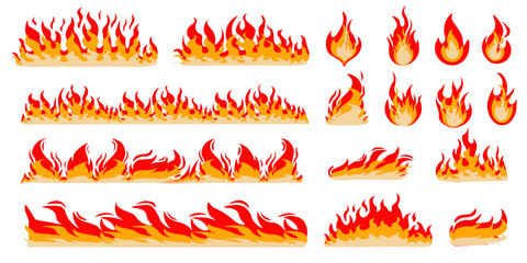 Cartoon fire. Flame of infernal fireballs, red and yellow campfire, hot wildfire and bonfire, burn power. Hellfire, burning icons isolated vector set