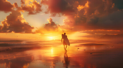 Fototapeta premium Surfer walking along reflective sandy beach at sunset, holding surfboard, dramatic clouds in the sky. Scenic ocean adventure concept