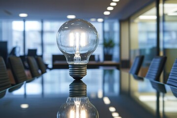 A bright light bulb sits on a conference table in a modern office, symbolizing new ideas and innovation.