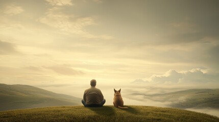 Man and Dog Meditating on Hilltop, Serene Landscape, Mindfulness, Pet Friendship, Calmness, Nature