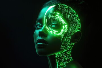Obraz premium A woman's face is illuminated with a vibrant green digital overlay, showcasing futuristic technology and beauty.