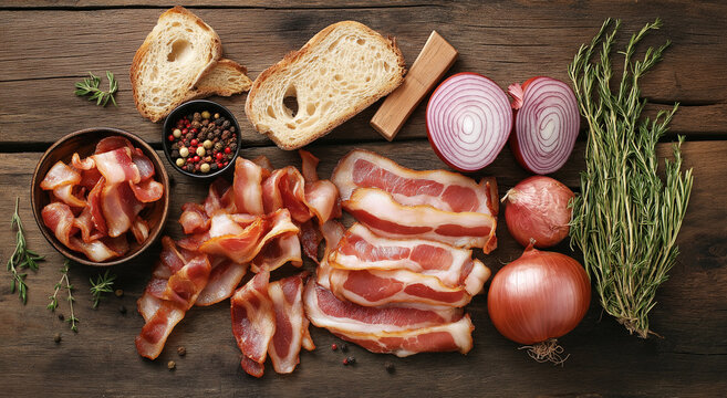 Vodca, cebola, bacon e p&atilde;o dispostos juntos sobre um fundo r&uacute;stico de madeira, exibindo a rica combina&ccedil;&atilde;o de sabores de vodca juntamente com saborosos bacon e cebola com p&atilde;o.