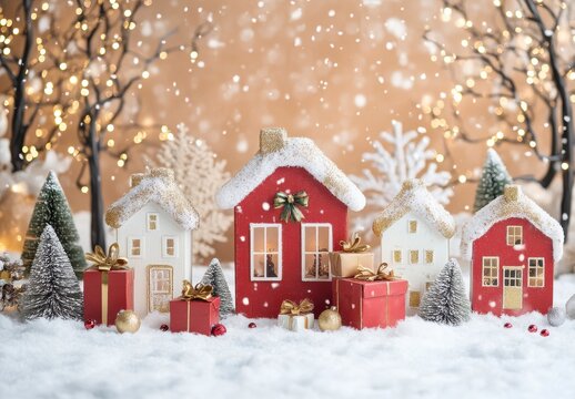 Miniature Snow Covered Christmas Houses with Gifts