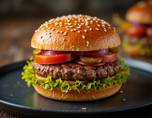 A grilled beef burger with cheese and lettuce, isolated on a dark plate
