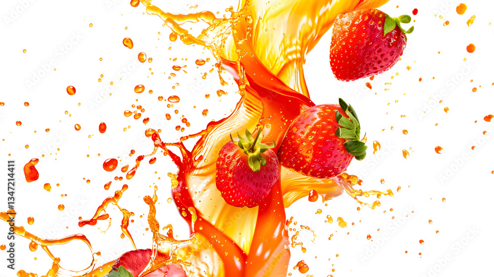 Poster strawberry slices and juice splash in the shape of a spiral isolated on a transparent background, de