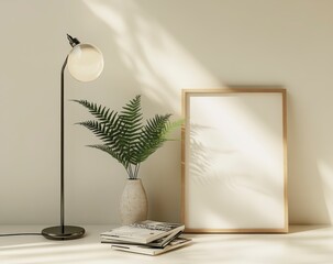 Minimalist Home Office Mockup Blank Frame, Green Fern, and Modern Lamp