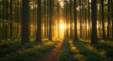 Naklejka premium A serene forest scene bathed in sunlight, with tall trees and lush ferns creating a tranquil pathway. Perfect for nature and wellness themes.