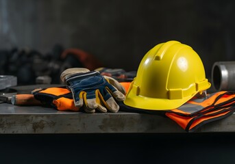 Safety helmet, gloves, and a reflective vest placed on a workbench.