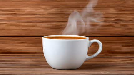 Steaming Coffee in White Mug on Brown Wooden Background