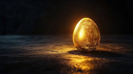 A glowing, textured egg rests on a dark surface, illuminated by a warm light, creating a mystical and enchanting atmosphere.