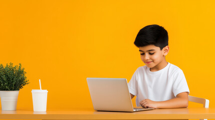Child and Computer: A young boy engrossed in using a laptop, set against a vibrant yellow backdrop, suggesting a space for learning, creativity, and technological engagement.