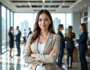 Obraz premium Smiling Businesswoman in Front of Office Building