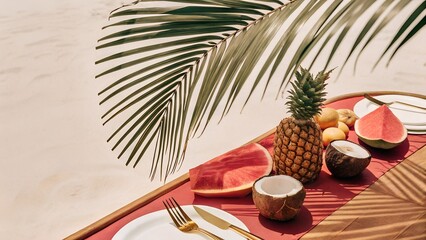 A luxurious beachside picnic with tropical fruits, wine, and a stylish setup, symbolizing a high-end resort experience and beachfront relaxation. Perfect for vacation and leisure themes.