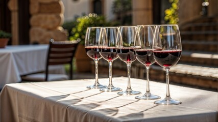 Five wine glasses filled with red wine on a white tablecloth in elegant outdoor restaurant setting
