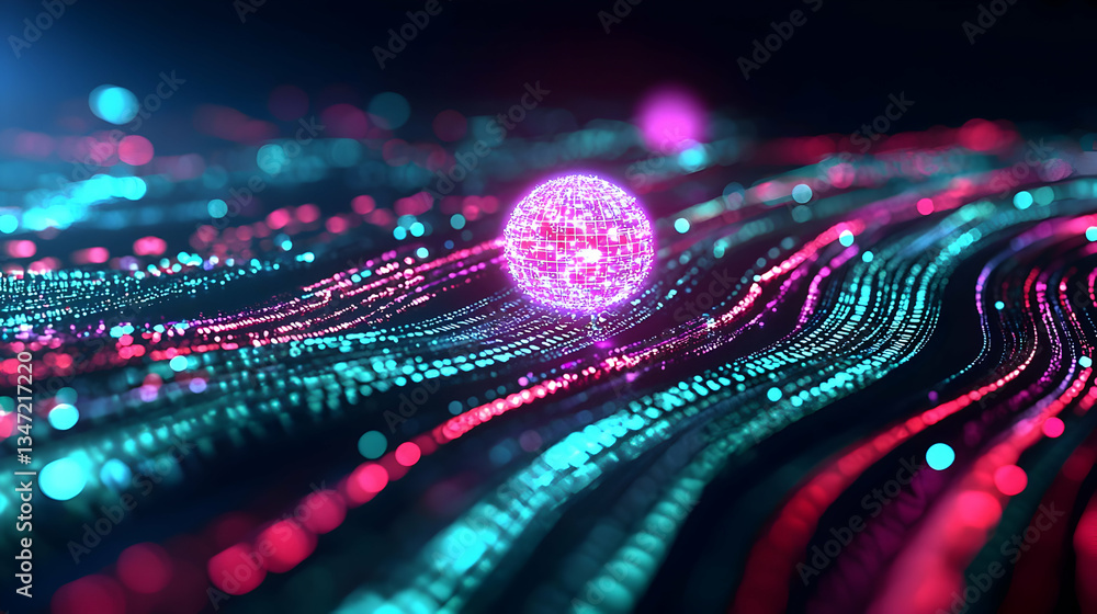 Poster abstract glowing sphere with colorful lines and particles
