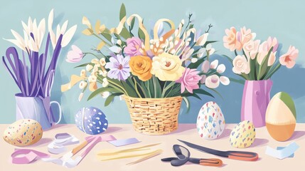 A vibrant spring scene featuring a floral arrangement, decorated eggs, and crafting supplies, evoking joy and creativity for seasonal celebrations.
